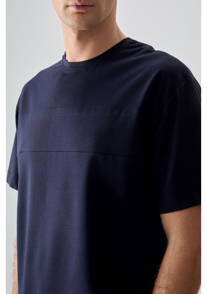 Lacivert Pamuklu Kalın Yumuşak Dokulu Oversize Fit Basic Erkek T-Shirt - 88378