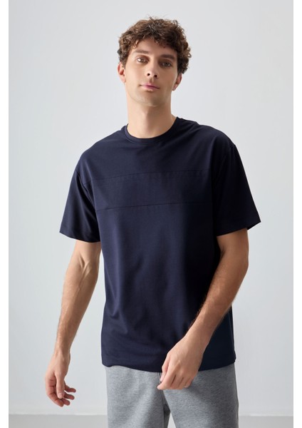 Lacivert Pamuklu Kalın Yumuşak Dokulu Oversize Fit Basic Erkek T-Shirt - 88378