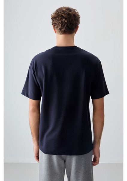 Lacivert Pamuklu Kalın Yumuşak Dokulu Oversize Fit Basic Erkek T-Shirt - 88378