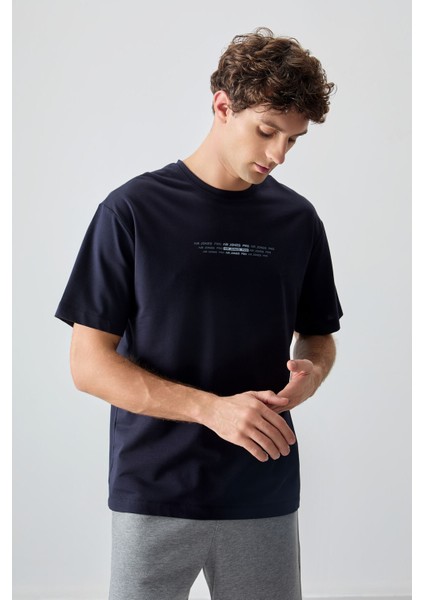 Lacivert Pamuklu Kalın Yumuşak Dokulu Oversize Fit Baskılı Erkek T-Shirt - 88374