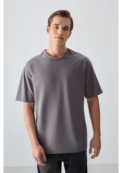 Koyu Gri Pamuklu Kalın Yumuşak Dokulu Oversize Fit Basic Erkek T-Shirt - 88377