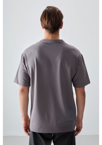 Koyu Gri Pamuklu Kalın Yumuşak Dokulu Oversize Fit Basic Erkek T-Shirt - 88377