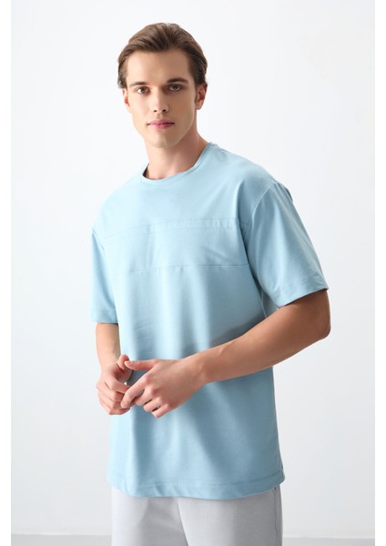 Açık Mavi Pamuklu Kalın Yumuşak Dokulu Oversize Fit Basic Erkek T-Shirt - 88378