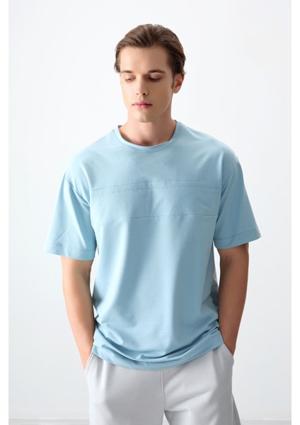 Açık Mavi Pamuklu Kalın Yumuşak Dokulu Oversize Fit Basic Erkek T-Shirt - 88378