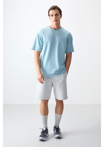 Açık Mavi Pamuklu Kalın Yumuşak Dokulu Oversize Fit Basic Erkek T-Shirt - 88378