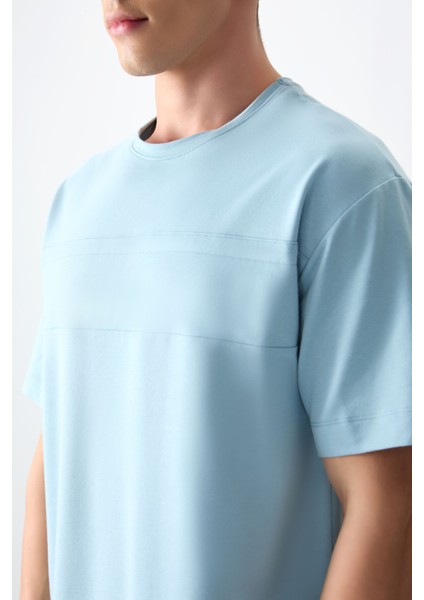 Açık Mavi Pamuklu Kalın Yumuşak Dokulu Oversize Fit Basic Erkek T-Shirt - 88378