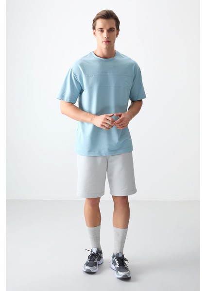 Açık Mavi Pamuklu Kalın Yumuşak Dokulu Oversize Fit Basic Erkek T-Shirt - 88378