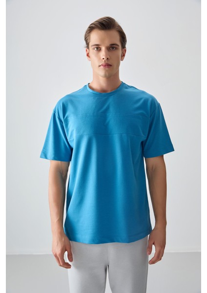 Petrol Mavi Pamuklu Kalın Yumuşak Dokulu Oversize Fit Basic Erkek T-Shirt - 88378