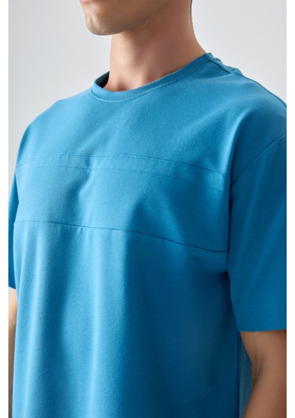 Petrol Mavi Pamuklu Kalın Yumuşak Dokulu Oversize Fit Basic Erkek T-Shirt - 88378 modelleri