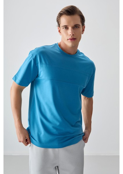 Petrol Mavi Pamuklu Kalın Yumuşak Dokulu Oversize Fit Basic Erkek T-Shirt - 88378 fırsatları