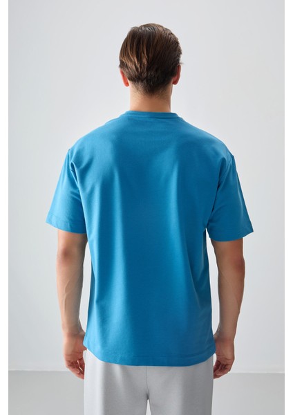 Petrol Mavi Pamuklu Kalın Yumuşak Dokulu Oversize Fit Basic Erkek T-Shirt - 88378 indirimleri