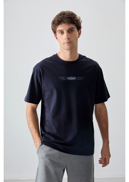 Lacivert Pamuklu Kalın Yumuşak Dokulu Oversize Fit Baskılı Erkek T-Shirt - 88374