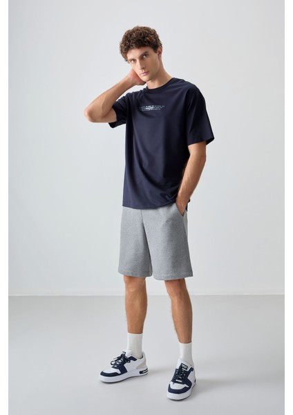 Lacivert Pamuklu Kalın Yumuşak Dokulu Oversize Fit Baskılı Erkek T-Shirt - 88374