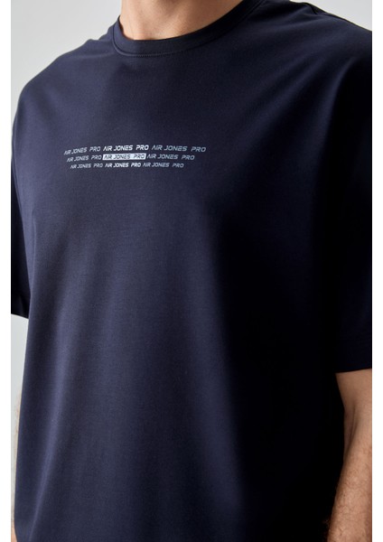 Lacivert Pamuklu Kalın Yumuşak Dokulu Oversize Fit Baskılı Erkek T-Shirt - 88374
