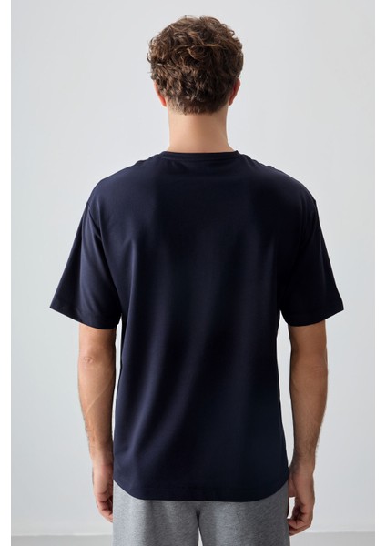 Lacivert Pamuklu Kalın Yumuşak Dokulu Oversize Fit Baskılı Erkek T-Shirt - 88374
