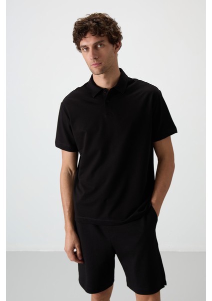 Siyah Pamuklu Kalın Yumuşak Dokulu Polo Yaka Oversize Fit Basic Erkek T- Shirt - 88381