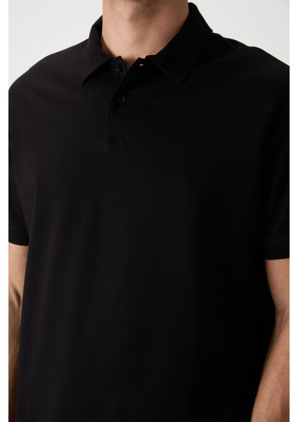 Siyah Pamuklu Kalın Yumuşak Dokulu Polo Yaka Oversize Fit Basic Erkek T- Shirt - 88381