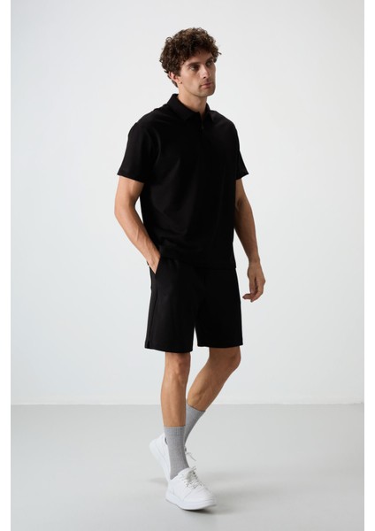 Siyah Pamuklu Kalın Yumuşak Dokulu Polo Yaka Oversize Fit Basic Erkek T- Shirt - 88381