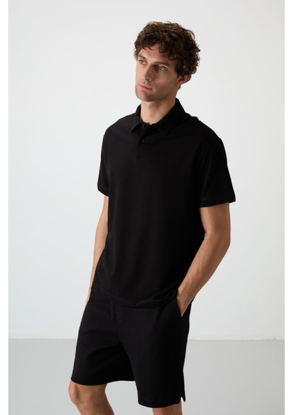 Siyah Pamuklu Kalın Yumuşak Dokulu Polo Yaka Oversize Fit Basic Erkek T- Shirt - 88381