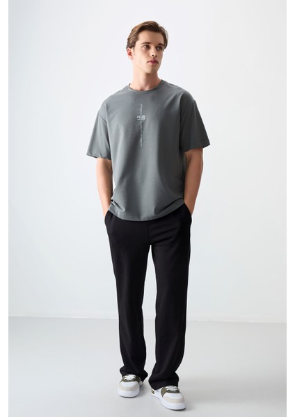Haki Pamuklu Kalın Yumuşak Dokulu Oversize Fit Baskılı Erkek T-Shirt - 88373 fiyatları