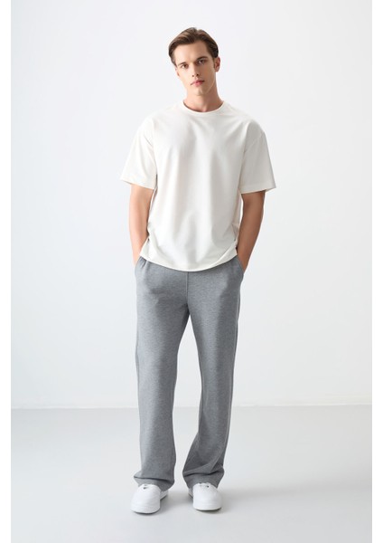 Ekru Pamuklu Kalın Yumuşak Dokulu Oversize Fit Basic Erkek T-Shirt - 88377