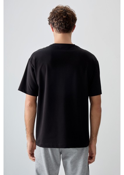 Siyah Pamuklu Kalın Yumuşak Dokulu Oversize Fit Baskılı Erkek T-Shirt - 88373