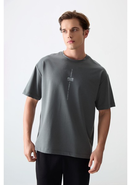 Haki Pamuklu Kalın Yumuşak Dokulu Oversize Fit Baskılı Erkek T-Shirt - 88373