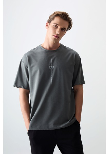 Haki Pamuklu Kalın Yumuşak Dokulu Oversize Fit Baskılı Erkek T-Shirt - 88373