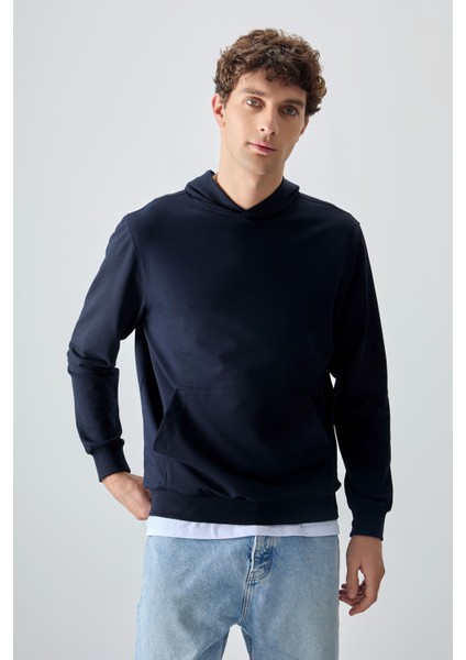 Lacivert Pamuk Yumuşak Dokulu Kapüşonlu Standart Fit Basic Erkek Sweatshirt - 88362