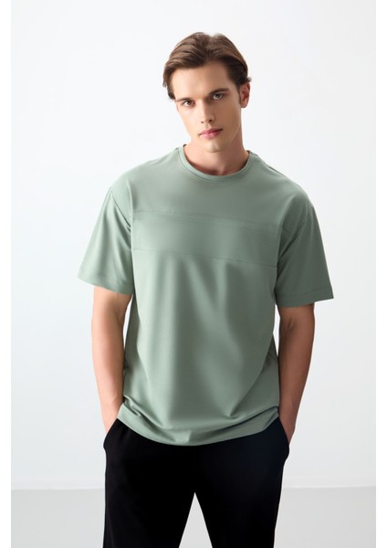 Açık Yeşil Pamuklu Kalın Yumuşak Dokulu Oversize Fit Basic Erkek T-Shirt - 88378