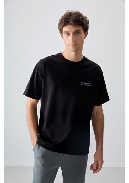 Siyah Pamuklu Kalın Yumuşak Dokulu Oversize Fit Baskılı Erkek T-Shirt - 88375