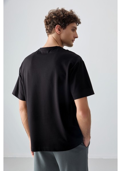 Siyah Pamuklu Kalın Yumuşak Dokulu Oversize Fit Baskılı Erkek T-Shirt - 88375
