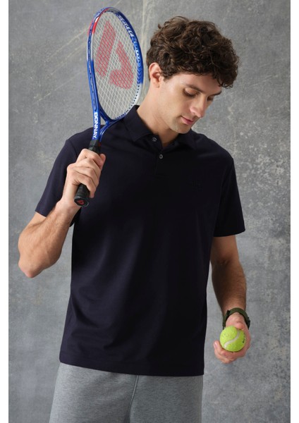 Lacivert Pamuklu Kalın Yumuşak Dokulu Polo Yaka Oversize Fit Basic Erkek T- Shirt - 88382