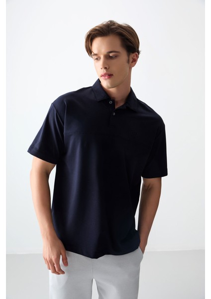 Lacivert Pamuklu Kalın Yumuşak Dokulu Polo Yaka Oversize Fit Basic Erkek T- Shirt - 88382