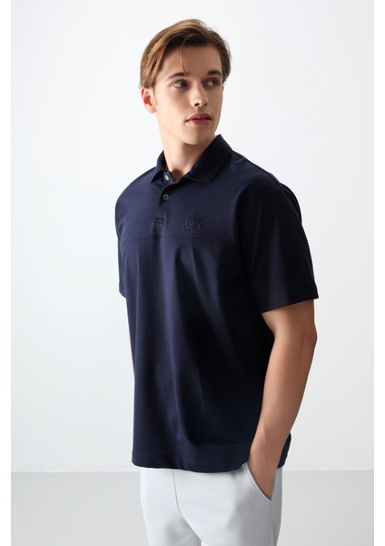 Lacivert Pamuklu Kalın Yumuşak Dokulu Polo Yaka Oversize Fit Basic Erkek T- Shirt - 88382