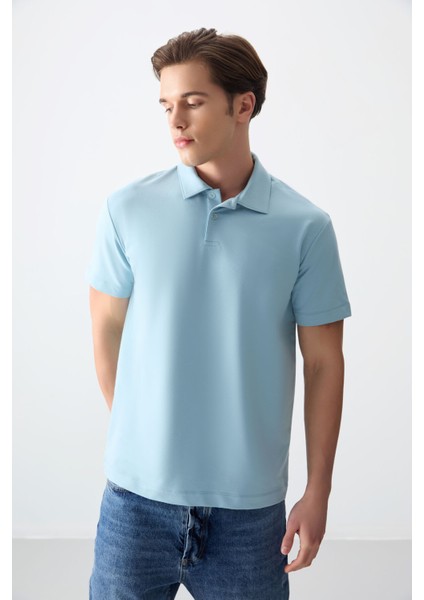 Açık Mavi Pamuklu Kalın Yumuşak Dokulu Polo Yaka Oversize Fit Basic Erkek T- Shirt - 88381