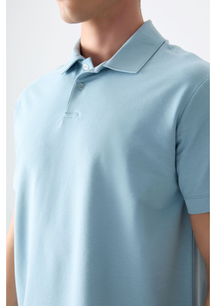 Açık Mavi Pamuklu Kalın Yumuşak Dokulu Polo Yaka Oversize Fit Basic Erkek T- Shirt - 88381 fiyatları