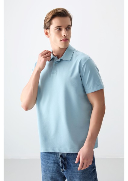Açık Mavi Pamuklu Kalın Yumuşak Dokulu Polo Yaka Oversize Fit Basic Erkek T- Shirt - 88381 fırsatları