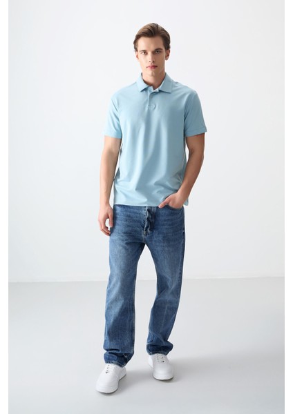 Açık Mavi Pamuklu Kalın Yumuşak Dokulu Polo Yaka Oversize Fit Basic Erkek T- Shirt - 88381
