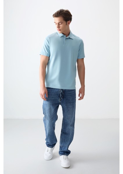 Açık Mavi Pamuklu Kalın Yumuşak Dokulu Polo Yaka Oversize Fit Basic Erkek T- Shirt - 88381