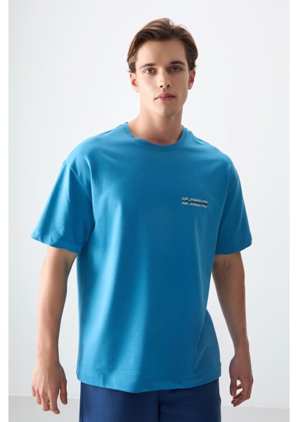 Petrol Mavi Pamuklu Kalın Yumuşak Dokulu Oversize Fit Baskılı Erkek T-Shirt - 88375