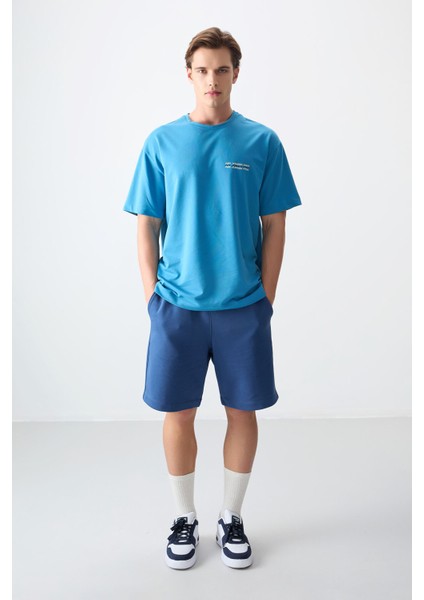 Petrol Mavi Pamuklu Kalın Yumuşak Dokulu Oversize Fit Baskılı Erkek T-Shirt - 88375 fiyatları