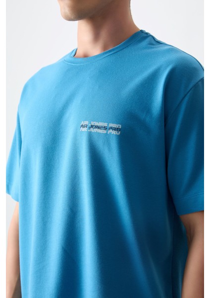 Petrol Mavi Pamuklu Kalın Yumuşak Dokulu Oversize Fit Baskılı Erkek T-Shirt - 88375 modelleri