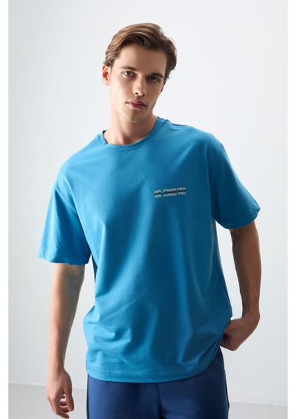 Petrol Mavi Pamuklu Kalın Yumuşak Dokulu Oversize Fit Baskılı Erkek T-Shirt - 88375 fırsatları