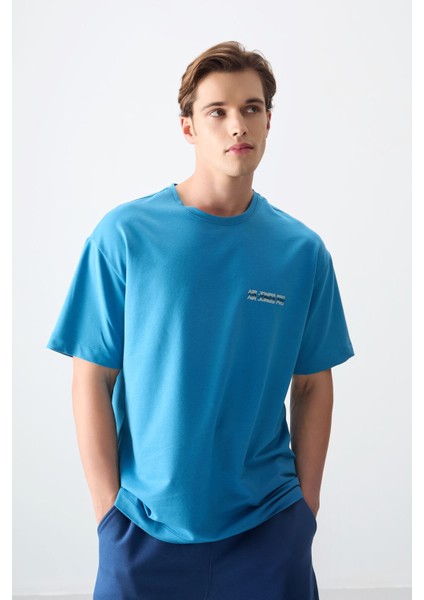 Petrol Mavi Pamuklu Kalın Yumuşak Dokulu Oversize Fit Baskılı Erkek T-Shirt - 88375 indirimleri