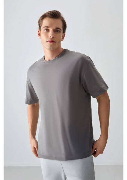 Koyu Gri %100 Pamuk Kalın Yumuşak Dokulu Oversize Fit Basic Erkek T-Shirt - 88353