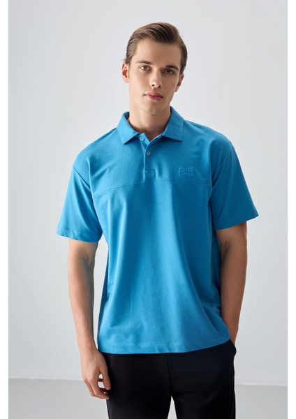 Petrol Mavi Pamuklu Kalın Yumuşak Dokulu Polo Yaka Oversize Fit Basic Erkek T- Shirt - 88382