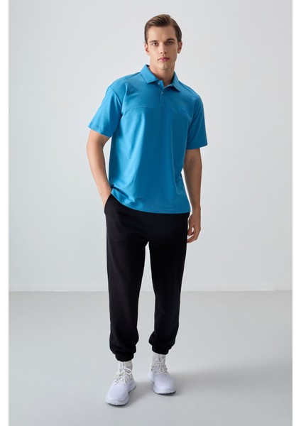 Petrol Mavi Pamuklu Kalın Yumuşak Dokulu Polo Yaka Oversize Fit Basic Erkek T- Shirt - 88382