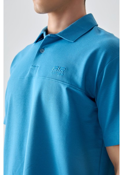 Petrol Mavi Pamuklu Kalın Yumuşak Dokulu Polo Yaka Oversize Fit Basic Erkek T- Shirt - 88382