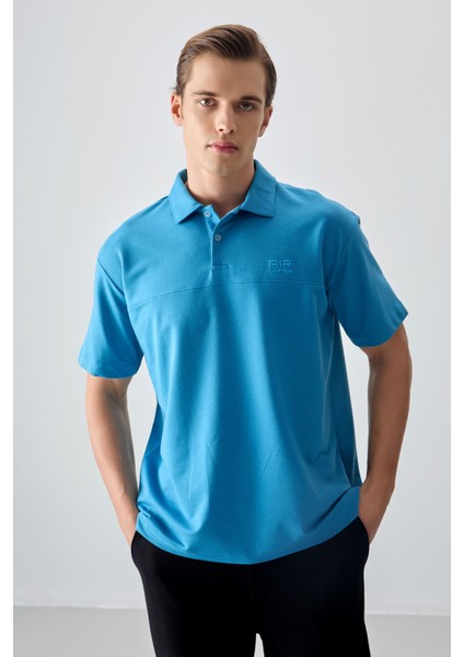 Petrol Mavi Pamuklu Kalın Yumuşak Dokulu Polo Yaka Oversize Fit Basic Erkek T- Shirt - 88382